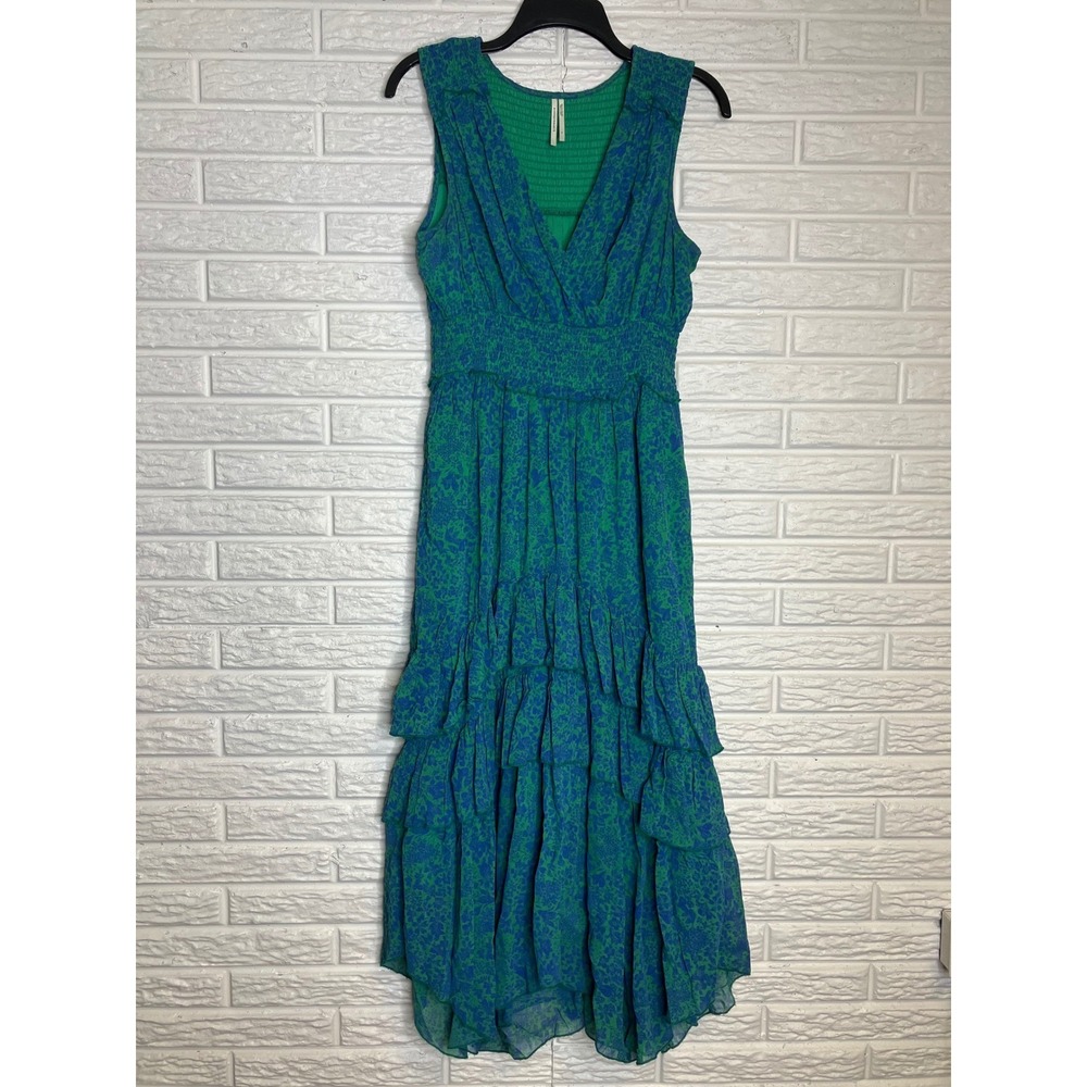 Anthropologie green blue floral tiered maxi dress v-neck sleeveless women small